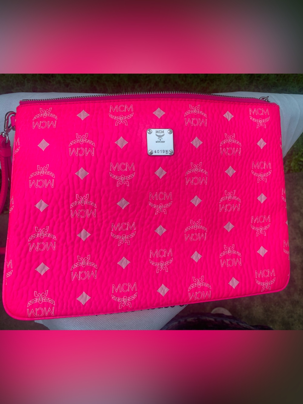 MCM Neon Pink Logo Wristlet Pouch